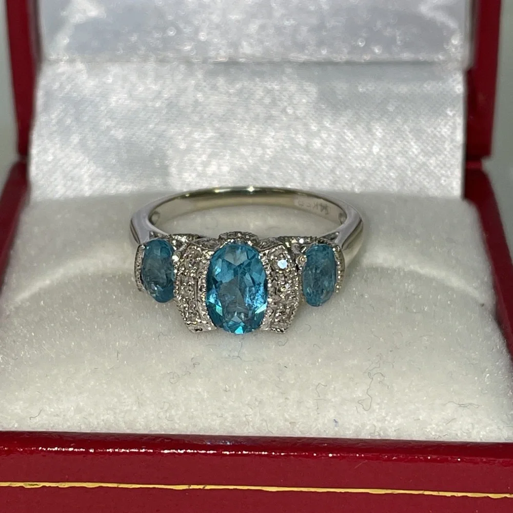 Solid Stamped 14K White Gold Oval Trio Natural Blue Topaz Diamond Ring